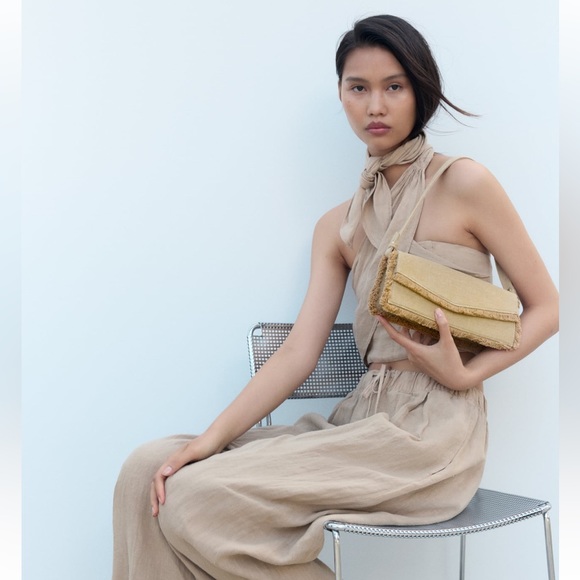 Zara Beige Tan Neutral Fabric shoulder Bag Handbag frayed trim Magnetic flap NWT - Picture 3 of 15